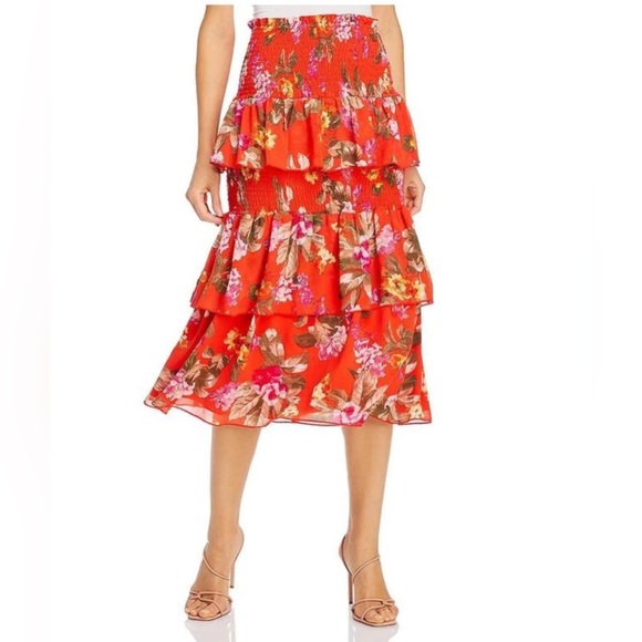 WAYF Tiered Passion Floral Smocked Midi Skirt Orange Size S NWT - Picture 1 of 13
